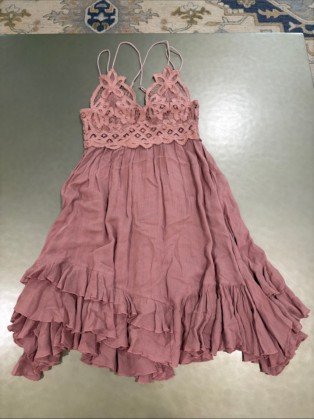 Free People Dusty Rose Crochet Bodice Ruffle Dress